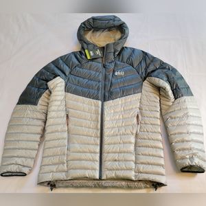 REI Magma 850 Hoodie Mens Medium Puffer Jacket Coat Granite Peak Blue Zip Pocket